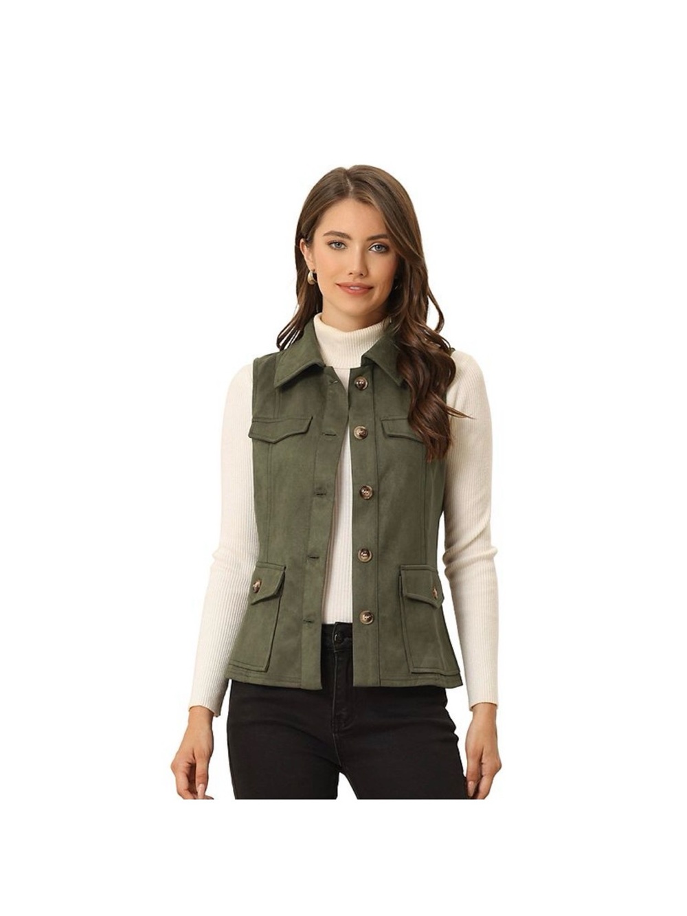 Allegra K Olive Button-Front Utility Vest